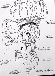 Size: 2717x3735 | Tagged: safe, artist:debmervin, imported from derpibooru, pinkie pie, pony, balloon, crossover, female, floating, monochrome, peanuts (comic), solo, suitcase, then watch her balloons lift her up to the sky, traditional art, woodstock (peanuts)