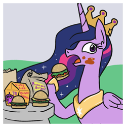 Size: 793x795 | Tagged: safe, artist:jargon scott, imported from derpibooru, twilight sparkle, alicorn, pony, the last problem, burger, caught, female, food, like mentor like student, older, older twilight, paper crown, princess twilight 2.0, solo, twilight burgkle, twilight sparkle (alicorn)