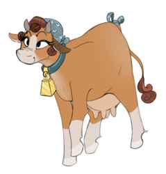 Size: 856x895 | Tagged: safe, artist:whydomenhavenipples, imported from derpibooru, oc, oc only, oc:issa, cow, bell, bow, collar, cowbell, female, hairnet, horns, simple background, solo, tail bow, udder, white background