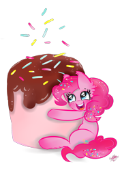 Size: 1000x1400 | Tagged: safe, artist:tractaresolidum, imported from derpibooru, pinkie pie, earth pony, pony, blushing, cheek fluff, chocolate, cute, diapinkes, ear fluff, female, food, leg fluff, mare, marshmallow, open mouth, simple background, sitting, solo, sprinkles, transparent background