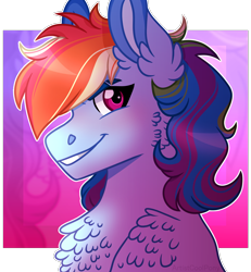 Size: 1110x1200 | Tagged: safe, artist:artistcoolpony, imported from derpibooru, rainbow dash, pony, abstract background, bust, cheek fluff, chest fluff, ear fluff, female, fluffy, leg fluff, mare, portrait, profile, shoulder fluff, smiling, solo