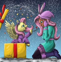 Size: 888x900 | Tagged: safe, alternate version, artist:edhelistar, imported from derpibooru, fluttershy, human, pegasus, pony, best gift ever, equestria girls, equestria girls series, holidays unwrapped, spoiler:eqg series (season 2), absurd resolution, boots, clothes, coat, confetti, dark skin, duo, earmuffs, female, floating heart, fluttershy's winter hat, fluttersquee, gift box, gloves, gradient background, heart, hearth's warming, human coloration, human ponidox, kanji, leggings, looking at each other, mare, mixed media, moderate dark skin, present, self paradox, self ponidox, shoes, signature, snow, squee, sweater, sweatershy, tengwar, text, winter outfit