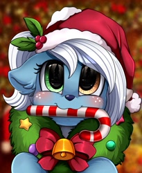 Size: 809x988 | Tagged: safe, artist:pridark, imported from derpibooru, oc, oc only, oc:icicle crash, deer, blue coat, blushing, brown eye, candy, candy cane, christmas, christmas wreath, deer oc, food, freckles, green eye, hat, hearth's warming, hearth's warming eve, heterochromia, holiday, ice deer, markings, santa hat, white hair, white markings, wreath