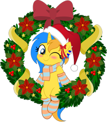 Size: 831x962 | Tagged: safe, artist:jhayarr23, imported from derpibooru, oc, oc only, oc:electric sparkz, pony, unicorn, blue eyes, blue hair, blushing, christmas, christmas wreath, clothes, hat, hearth's warming, hearth's warming eve, holiday, horn, jhayarr23's holiday ych, movie accurate, one eye closed, orange hair, santa hat, scarf, simple background, socks, solo, striped socks, transparent background, unicorn oc, wink, winking at you, wreath, ych result, yellow coat