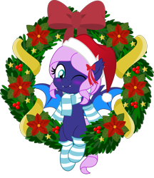 Size: 831x962 | Tagged: safe, artist:jhayarr23, imported from derpibooru, oc, oc only, oc:spiral galaxies, bat pony, pony, bat pony oc, blue eyes, blushing, christmas, christmas wreath, clothes, hat, hearth's warming, hearth's warming eve, holiday, jhayarr23's holiday ych, movie accurate, one eye closed, purple coat, purple hair, santa hat, scarf, simple background, socks, solo, striped socks, transparent background, wink, winking at you, wreath, ych result