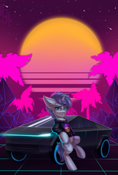 Size: 1021x1507 | Tagged: safe, artist:falafeljake, imported from derpibooru, oc, oc only, oc:tesseract, pony, unicorn, 1980's, car, outrun, solo, tesla, tesla cybertruck