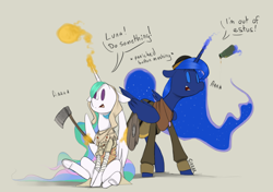 Size: 1700x1200 | Tagged: safe, artist:sinrar, imported from derpibooru, princess celestia, princess luna, alicorn, clothes, cosplay, costume, crossover, dark souls, dialogue, duo, estus flask, female, pyromancer, scared, siblings, simple background, sisters, sorcerer, weapon