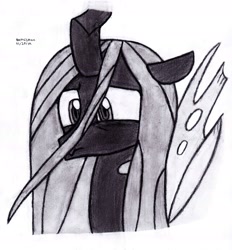 Size: 2527x2728 | Tagged: safe, artist:drchrisman, imported from derpibooru, queen chrysalis, changeling, changeling queen, female, monochrome, sad, solo, traditional art