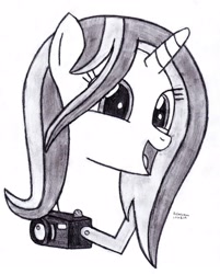 Size: 2453x3053 | Tagged: safe, artist:drchrisman, imported from derpibooru, crackle cosette, queen chrysalis, changeling, changeling queen, camera, disguise, disguised changeling, female, monochrome, solo, traditional art