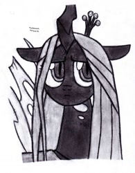 Size: 789x1013 | Tagged: safe, artist:drchrisman, imported from derpibooru, queen chrysalis, changeling, changeling queen, female, monochrome, solo, traditional art