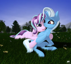 Size: 1425x1275 | Tagged: safe, artist:styroponyworks, imported from derpibooru, starlight glimmer, trixie, pony, unicorn, female, flower, grass, lesbian, shipping, startrix, tongue out, tree