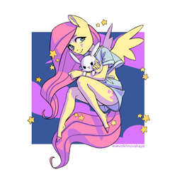 Size: 3240x3240 | Tagged: safe, artist:evevolkhnovskaya, imported from derpibooru, angel bunny, fluttershy, anthro, pegasus, unguligrade anthro, abstract background, clothes, colored hooves, cute, female, midriff, schrödinger's pantsu, short shirt, shorts, shyabetes, solo, stars, ych result