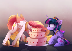 Size: 2560x1811 | Tagged: safe, artist:magnaluna, edit, imported from derpibooru, princess celestia, twilight sparkle, alicorn, pony, alternate hairstyle, cake, cakelestia, cropped, cute, cutelestia, duo, eating, female, food, jewelry, majestic as fuck, mare, mouth hold, regalia, twiabetes, twilight sparkle (alicorn), wavy mouth