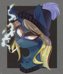 Size: 1846x2166 | Tagged: safe, artist:blue_raven, imported from derpibooru, oc, oc only, pony, unicorn, chest fluff, cigarette, clothes, female, looking at you, mare, mouth hold, raised eyebrow, smoke, smoking, solo, sweater, ych result