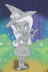 Size: 1000x1500 | Tagged: safe, artist:fuzzyfurvert, imported from derpibooru, trixie, equestria girls, cheek cutie mark, clothes, colored background, doll, equestria girls minis, female, hat, magic, monochrome, solo, stage, toy, toy interpretation, trixie's hat