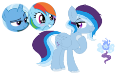 Size: 628x380 | Tagged: safe, artist:hello-rando, imported from derpibooru, rainbow dash, trixie, oc, oc:wind o' wisp, pegasus, pony, crack shipping, female, hair over one eye, lesbian, magical lesbian spawn, mare, offspring, parent:rainbow dash, parent:trixie, parents:trixdash, shipping, simple background, trixdash, unshorn fetlocks, white background