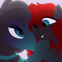 Size: 894x894 | Tagged: safe, artist:crimmharmony, imported from derpibooru, oc, oc only, earth pony, griffon, pony, couple, duo, ear piercing, female, lip piercing, looking at each other, male, mare, piercing, pink background, simple background, unshorn fetlocks