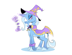 Size: 1280x974 | Tagged: safe, artist:cassettepunk, imported from derpibooru, trixie, classical unicorn, pony, unicorn, cape, clothes, cloven hooves, cuffs (clothes), female, hat, leonine tail, looking at you, playing card, solo, trixie's cape, trixie's hat, unshorn fetlocks