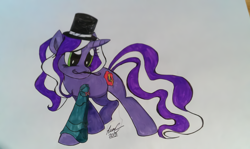 Size: 1200x716 | Tagged: safe, artist:lucas_gaxiola, imported from derpibooru, oc, oc only, oc:purple tinker, pony, unicorn, artifact, facial hair, female, hat, horn, irl, mare, moustache, photo, signature, solo, top hat, traditional art, unicorn oc