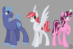 Size: 1024x692 | Tagged: safe, artist:psponyartist, imported from derpibooru, oc, oc:berry blue, oc:garden glory, oc:ruby red, earth pony, pegasus, pony, unicorn, kilalaverse, female, freckles, glowing horn, gray background, horn, male, mare, next next generation, offspring, offspring's offspring, parent:oc:red june, parent:oc:valiant heart, parents:oc x oc, siblings, simple background, stallion, unshorn fetlocks