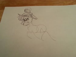 Size: 3264x2448 | Tagged: safe, artist:lucas_gaxiola, imported from derpibooru, applejack, earth pony, pony, balancing, female, hat, irl, lineart, mare, photo, sketch, smiling, traditional art, wip