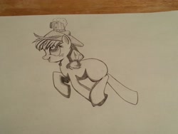 Size: 3264x2448 | Tagged: safe, artist:lucas_gaxiola, imported from derpibooru, applejack, earth pony, pony, balancing, female, freckles, hat, irl, lineart, mare, photo, sketch, smiling, solo, traditional art, wip