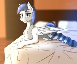 Size: 2048x1714 | Tagged: safe, artist:trast113, imported from derpibooru, oc, oc only, oc:snow pup, pegasus, pony, bed, blurred background, blurry background, clothes, female, mare, socks, solo, striped socks