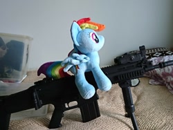 Size: 1440x1080 | Tagged: safe, artist:omegapony16, imported from derpibooru, rainbow dash, pegasus, pony, airsoft, female, fn scar, gun, irl, mare, photo, pillow, plushie, weapon