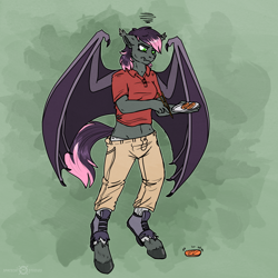 Size: 1500x1500 | Tagged: safe, artist:keetah-spacecat, imported from derpibooru, oc, oc only, oc:quill, anthro, bat pony, human, abstract background, bat wings, clothes, food, green background, human to anthro, polo shirt, self insert, simple background, sushi, transformation, transgender transformation, white background, wings