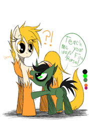 Size: 985x1385 | Tagged: safe, artist:didun850, imported from derpibooru, oc, oc only, oc:elude, oc:ember, oc:ember (callmesatan), earth pony, pony, bags under eyes, chest fluff, colt, confused, duo, earth pony oc, exclamation point, eye clipping through hair, female, interrobang, male, mare, question mark, simple background, speech, white background