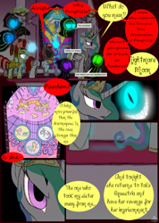 Size: 985x1385 | Tagged: safe, artist:didun850, imported from derpibooru, discord, princess celestia, oc, oc:chase, oc:mad dog, alicorn, draconequus, pony, shadow pony, unicorn, comic:ask chase the pony, armor, ask, comic, dialogue, female, glowing eyes, glowing horn, grin, helmet, horn, magic, male, mare, marionette, peytral, royal guard, smiling, stained glass, stallion, telekinesis, tumblr