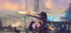 Size: 5201x2404 | Tagged: safe, artist:aidelank, imported from derpibooru, starlight glimmer, pony, unicorn, armor, crepuscular rays, future, lance, scenery, science fiction, spaceship, weapon