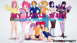 Size: 2560x1440 | Tagged: safe, artist:kokonashi, artist:theextraguy, imported from derpibooru, apple bloom, applejack, fluttershy, pinkie pie, rainbow dash, rarity, scootaloo, sweetie belle, twilight sparkle, human, 3d, anime, barefoot, braid, clothes, converse, cowboy hat, cutie mark crusaders, downloadable content, dress, elf ears, feet, female, glasses, group, hat, humanized, koikatsu, mane six, pantyhose, peace sign, pigtails, ribbon, shoes, shorts, skirt, sneakers, socks, stetson, thigh highs, twintails, unicorns as elves, wing ears, winged humanization