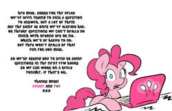 Size: 864x560 | Tagged: safe, artist:pippy, imported from derpibooru, pinkie pie, pony, pinkiepieskitchen, apron, clothes, computer, female, laptop computer, solo