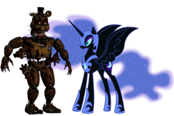 Size: 1095x730 | Tagged: safe, imported from derpibooru, nightmare moon, alicorn, anthro, bear, pony, animatronic, antagonist, anthro with ponies, crossover, duo, female, five nights at freddy's, fnaf 4, looking at you, male, nightmare freddy, png, sharp teeth, simple background, spread wings, standing, teeth, transparent background, wings