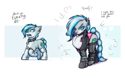 Size: 4000x2500 | Tagged: safe, artist:krd, imported from derpibooru, oc, oc only, oc:misty (krd), earth pony, pony, bell, bell collar, bimboification, bimbony, blue eyeshadow, blue hair, blue lipstick, boots, bracelet, chest fluff, clothes, collar, dialogue, ear piercing, earring, eyeliner, eyeshadow, female, fluffy, hair, high heels, high res, jewelry, lipstick, makeup, piercing, puffed chest, quadrupedal, quadrupedal chest boobs, rubber, shoes, socks, solo, stockings, text, thigh highs