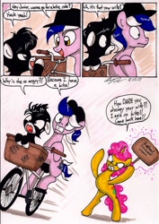 Size: 1398x1979 | Tagged: safe, artist:newyorkx3, imported from derpibooru, oc, oc only, oc:karen, oc:mikey, oc:tommy junior, earth pony, pony, unicorn, angry, bicycle, cap, colt, comic, female, hat, husband and wife, kakey, male, mallet, riding, traditional art