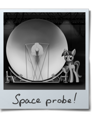 Size: 3000x4125 | Tagged: safe, artist:lunebat, imported from derpibooru, twilight sparkle, pony, unicorn, fanfic:voyage's end, commission, fanfic art, female, grayscale, monochrome, photo, polaroid, solo, spaceship, unicorn twilight, voyager