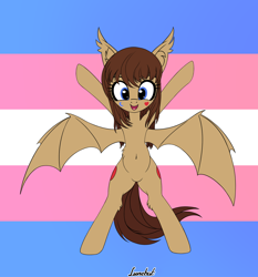 Size: 1280x1372 | Tagged: safe, artist:lunebat, imported from derpibooru, oc, oc only, oc:lunette, bat pony, pony, bat pony oc, bat wings, belly button, bipedal, pride, pride flag, solo, transgender, transgender pride flag, wings