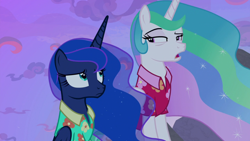 Size: 1920x1080 | Tagged: safe, imported from derpibooru, screencap, princess celestia, princess luna, alicorn, pony, between dark and dawn, clothes, concerned, duo, ethereal mane, female, flowing mane, folded wings, hawaiian shirt, looking at each other, mare, narrowed eyes, open mouth, raised eyebrow, royal sisters, shirt, siblings, sisters, sitting, vacation, wings, worried