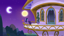 Size: 1920x1080 | Tagged: safe, imported from derpibooru, screencap, twilight sparkle, alicorn, pony, between dark and dawn, amulet, balcony, female, jewelry, mare, moon, night, solo, sun, twilight sparkle (alicorn)