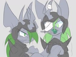 Size: 1600x1200 | Tagged: safe, artist:k_clematis, imported from derpibooru, oc, oc only, oc:clematis, changeling queen, pony, armor, bandage, changeling queen oc, duo, green changeling, hair over one eye, helmet, smiling