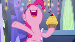 Size: 1920x1080 | Tagged: safe, imported from derpibooru, screencap, pinkie pie, earth pony, pony, the last laugh, cupcake, female, food, mare, mawshot, nose in the air, open mouth, solo, uvula, volumetric mouth