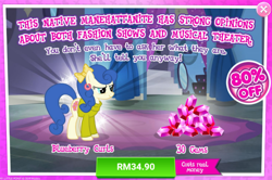 Size: 1030x685 | Tagged: safe, imported from derpibooru, blueberry curls, bubblegum blossom, earth pony, pony, advertisement, costs real money, gameloft, gem, sale