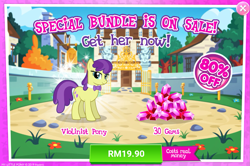 Size: 1033x684 | Tagged: safe, imported from derpibooru, earth pony, pony, advertisement, costs real money, female, gameloft, gem, mare, sale, solo, violinist pony