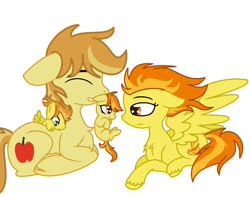 Size: 1006x794 | Tagged: safe, artist:emberskydragon, imported from derpibooru, braeburn, spitfire, oc, pony, base used, colt, family, female, filly, male, offspring, parent:braeburn, parent:spitfire, parents:spitburn, scruff, shipping, simple background, spitburn, straight, white background