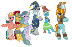 Size: 1104x724 | Tagged: safe, artist:alexeigribanov, imported from derpibooru, flash magnus, meadowbrook, mistmane, rockhoof, somnambula, star swirl the bearded, earth pony, pegasus, pony, unicorn, eyes closed, female, male, mare, pillars of equestria, simple background, stallion, transparent background