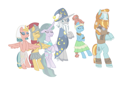 Size: 1079x741 | Tagged: safe, artist:alexeigribanov, imported from derpibooru, flash magnus, meadowbrook, mistmane, rockhoof, somnambula, star swirl the bearded, earth pony, ghost, pegasus, pony, unicorn, female, male, mare, pillars of equestria, simple background, spirit, stallion, transparent background