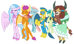 Size: 1156x691 | Tagged: safe, artist:alexeigribanov, imported from derpibooru, gallus, ocellus, sandbar, silverstream, smolder, yona, changedling, changeling, classical hippogriff, dragon, earth pony, griffon, hippogriff, pony, yak, the last problem, armor, bow, cloven hooves, colored hooves, dragoness, female, hair bow, helmet, jewelry, male, monkey swings, necklace, older, older gallus, older ocellus, older sandbar, older silverstream, older smolder, older student six, older yona, royal guard gallus, simple background, stallion, student six, transparent background