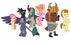 Size: 1130x707 | Tagged: safe, artist:alexeigribanov, imported from derpibooru, gallop j. fry, georgia (character), li'l cheese, luster dawn, river song (character), yelena, earth pony, griffon, kirin, pony, unicorn, yak, the last problem, future six, georgia, luster five, older, older gallop j. fry, river song, simple background, transparent background